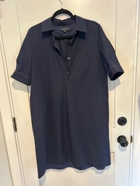 Lafayette 148 New York Navy Short-Sleeve Polo Dress white stitching on sleeve